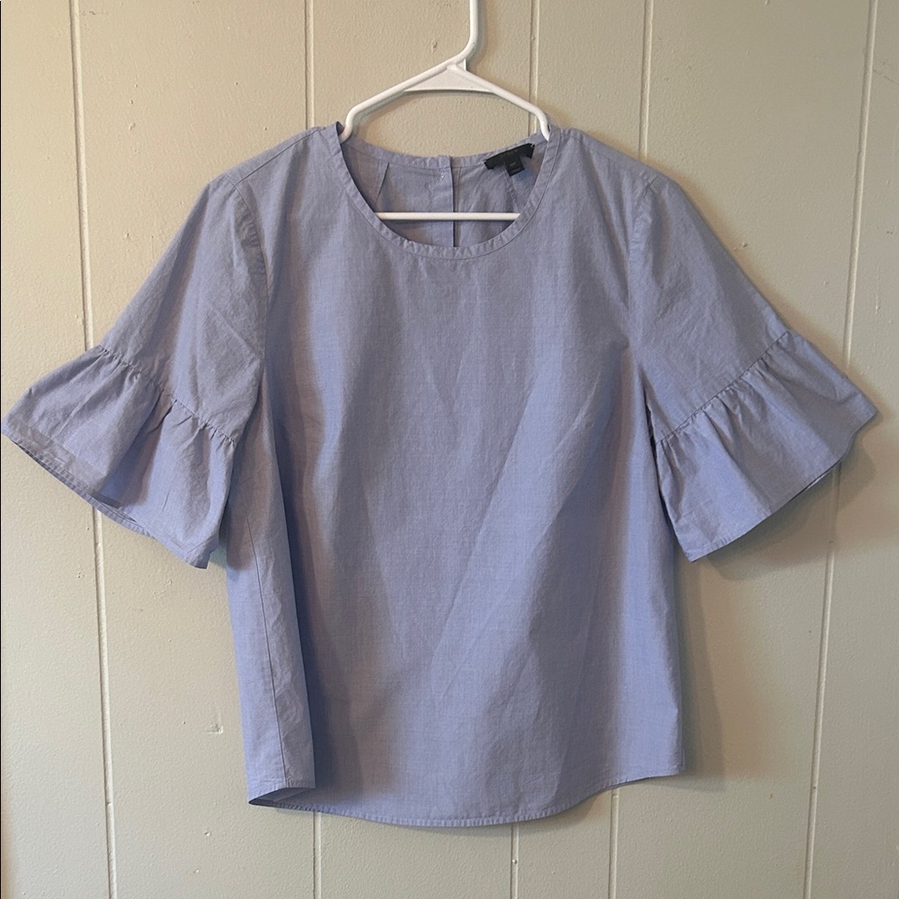 J. Crew Light Blue Blouse with Ruffle Sleeves and Button Back EUC